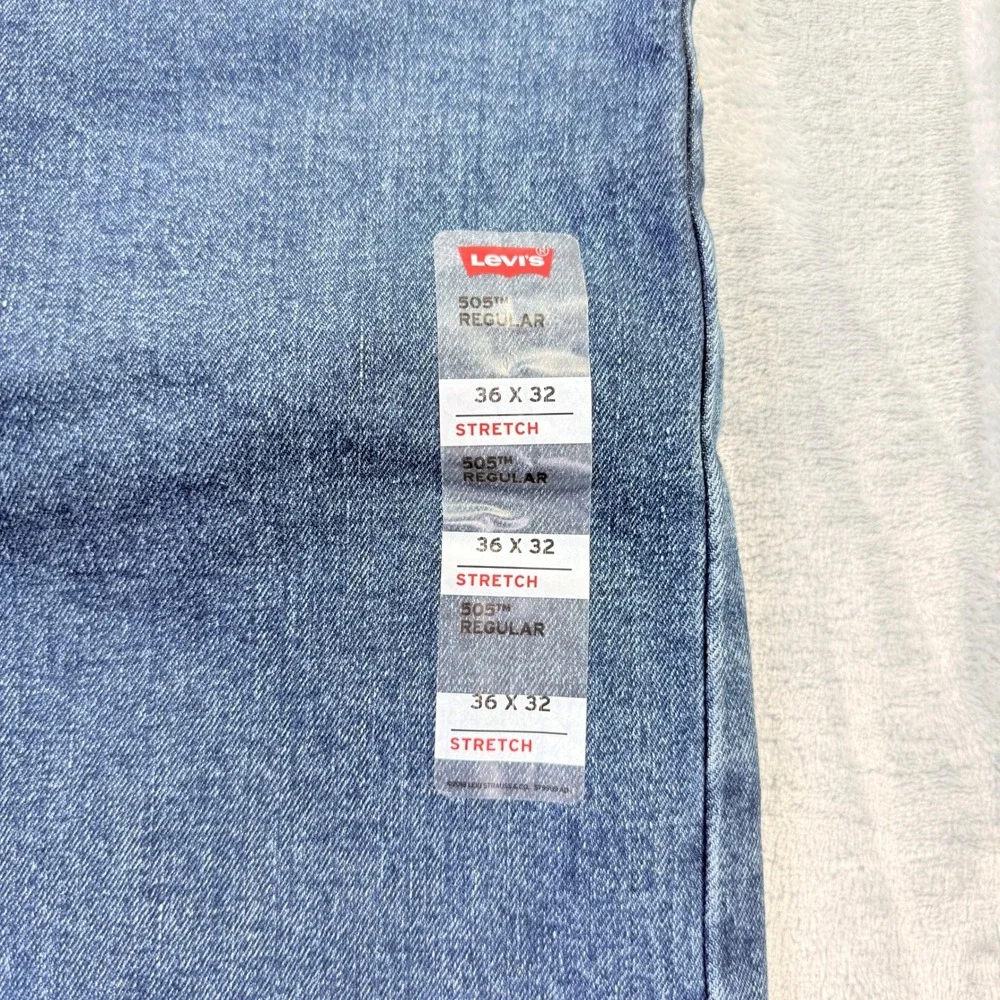Levis 505 Regular Fit Stretch Jeans Mens 36x32 Blue Denim Mid Rise NWT